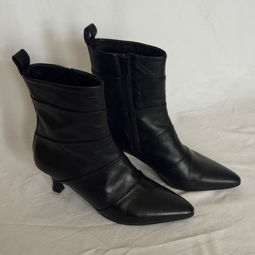 Napoleoni Italy Black Leather Pointed Toe Kitten Heel Ankle Boots Booties